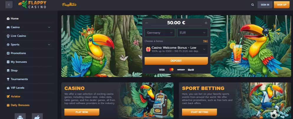 Flappy Casino – Bis zu 2000 € Bonus + 250 Freispiele für neue Spieler in Deutschland